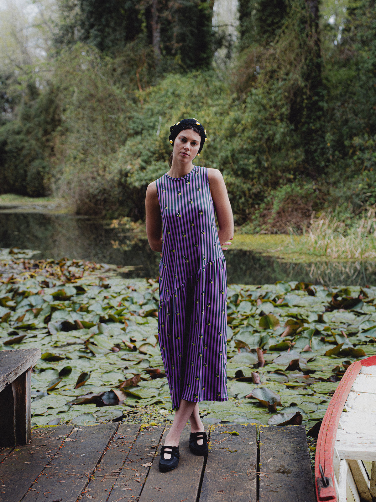 VESTIDO BLUME LARGO RAYAS FLORES
